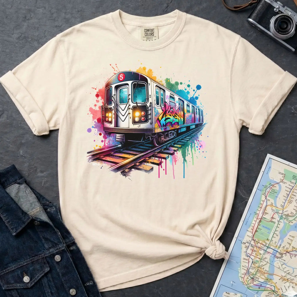 Ivory Comfort Colors t-shirt with a colorful graffiti NYC subway train graphic on a dark surface with a denim jacket and a map.