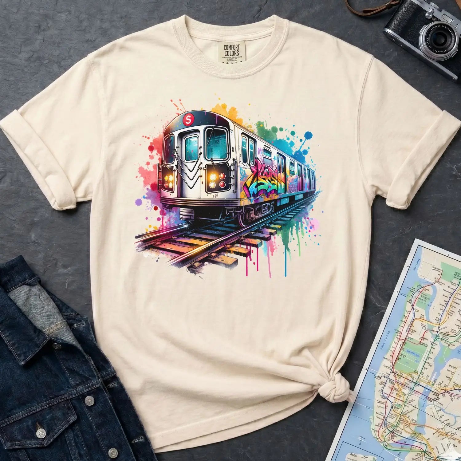 Ivory Comfort Colors t-shirt with a colorful graffiti NYC subway train graphic on a dark surface with a denim jacket and a map.