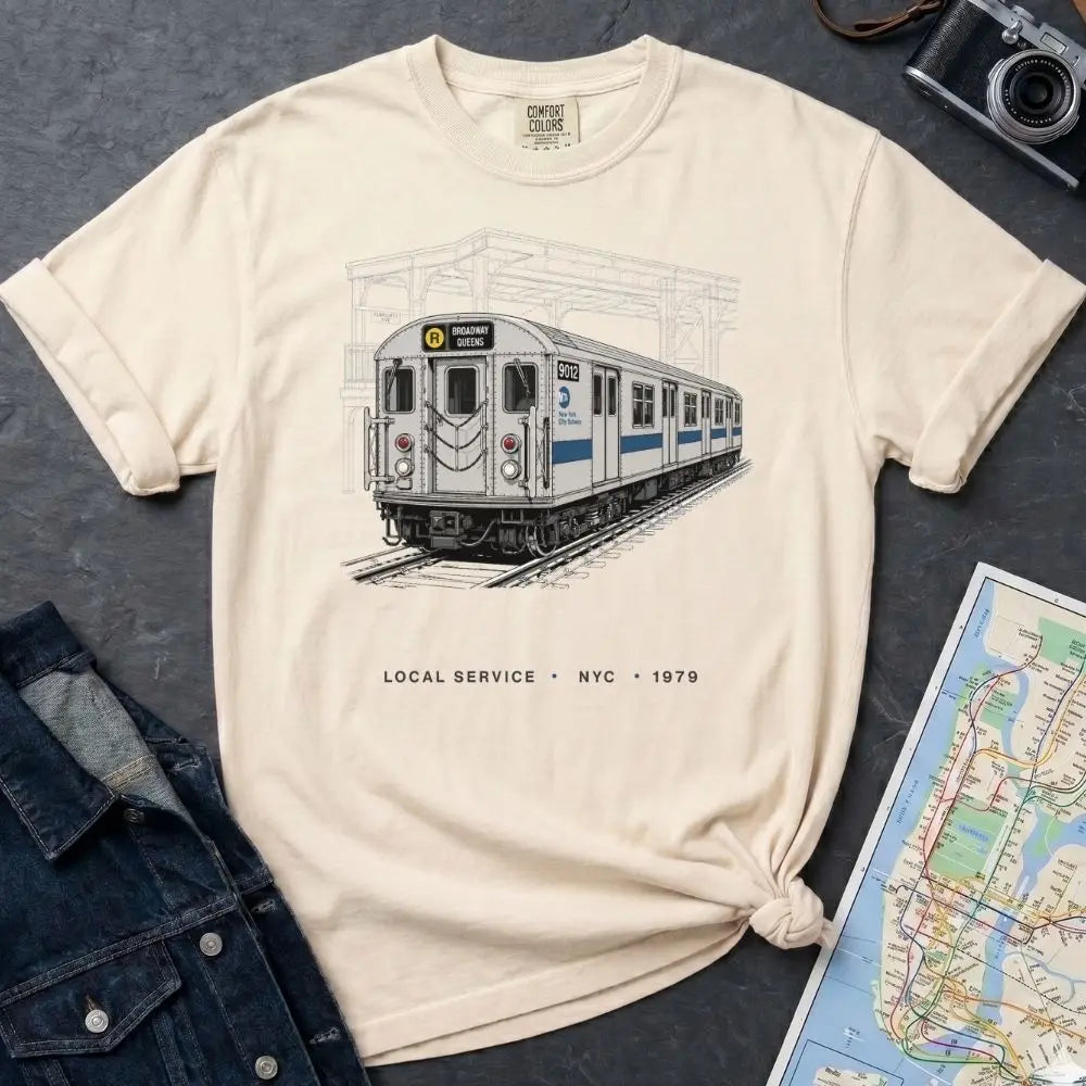 Ivory Comfort Colors T-shirt with NYC R train local service front print, styled with denim jacket, camera, and subway map