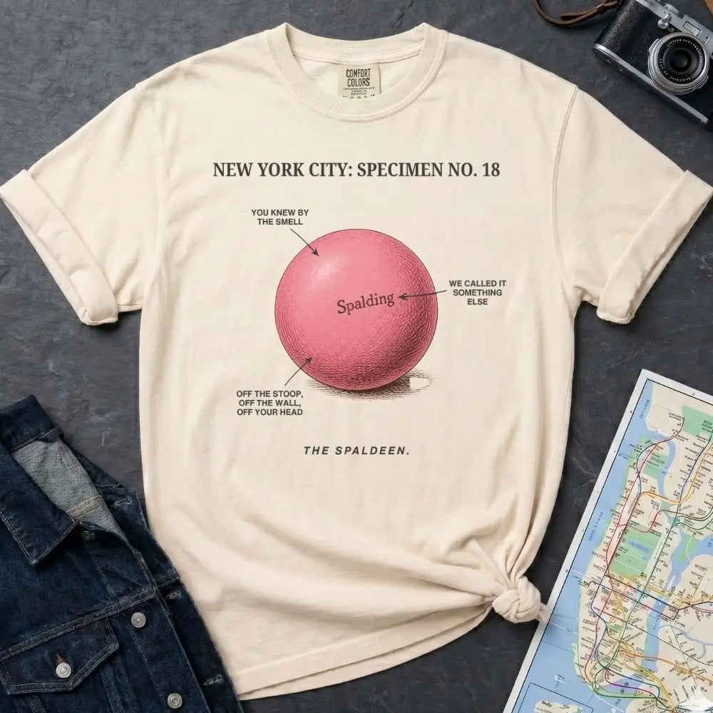 Ivory Comfort Colors T-shirt with NYC Spaldeen specimen front print, styled with denim jacket, camera, and subway map