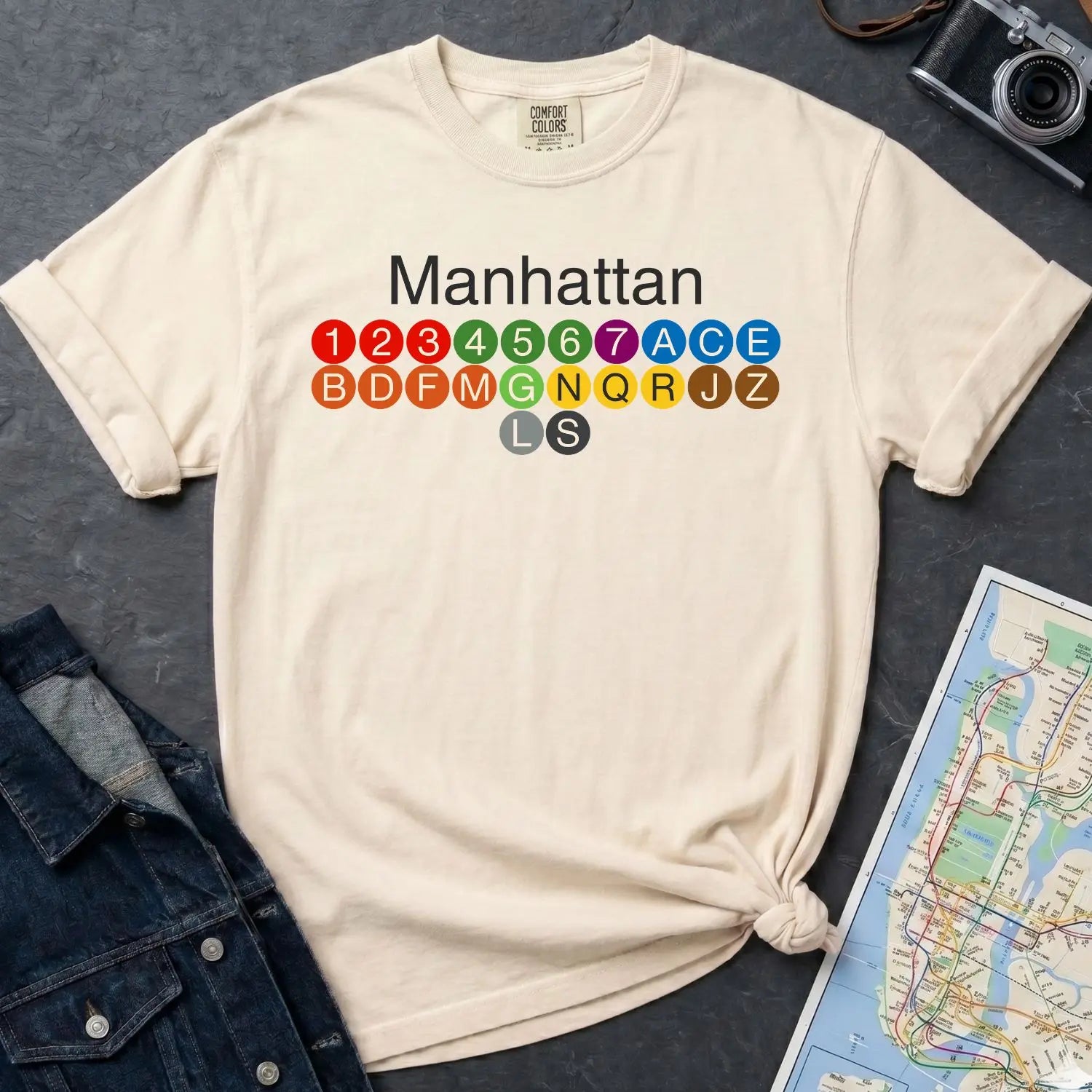 Ivory Comfort Colors t-shirt with Manhattan text and subway line design