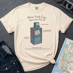Ivory Comfort Colors t-shirt with a newspaper box graphic and text on a dark surface with a denim jacket and a map.