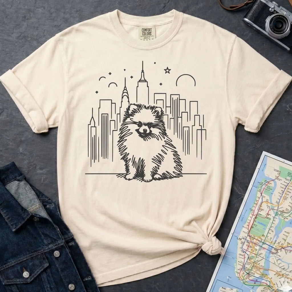 Ivory Comfort Colors t-shirt featuring a fluffy Pomeranian dog illustration in front of the New York City skyline on a dark surface with denim jacket and map.