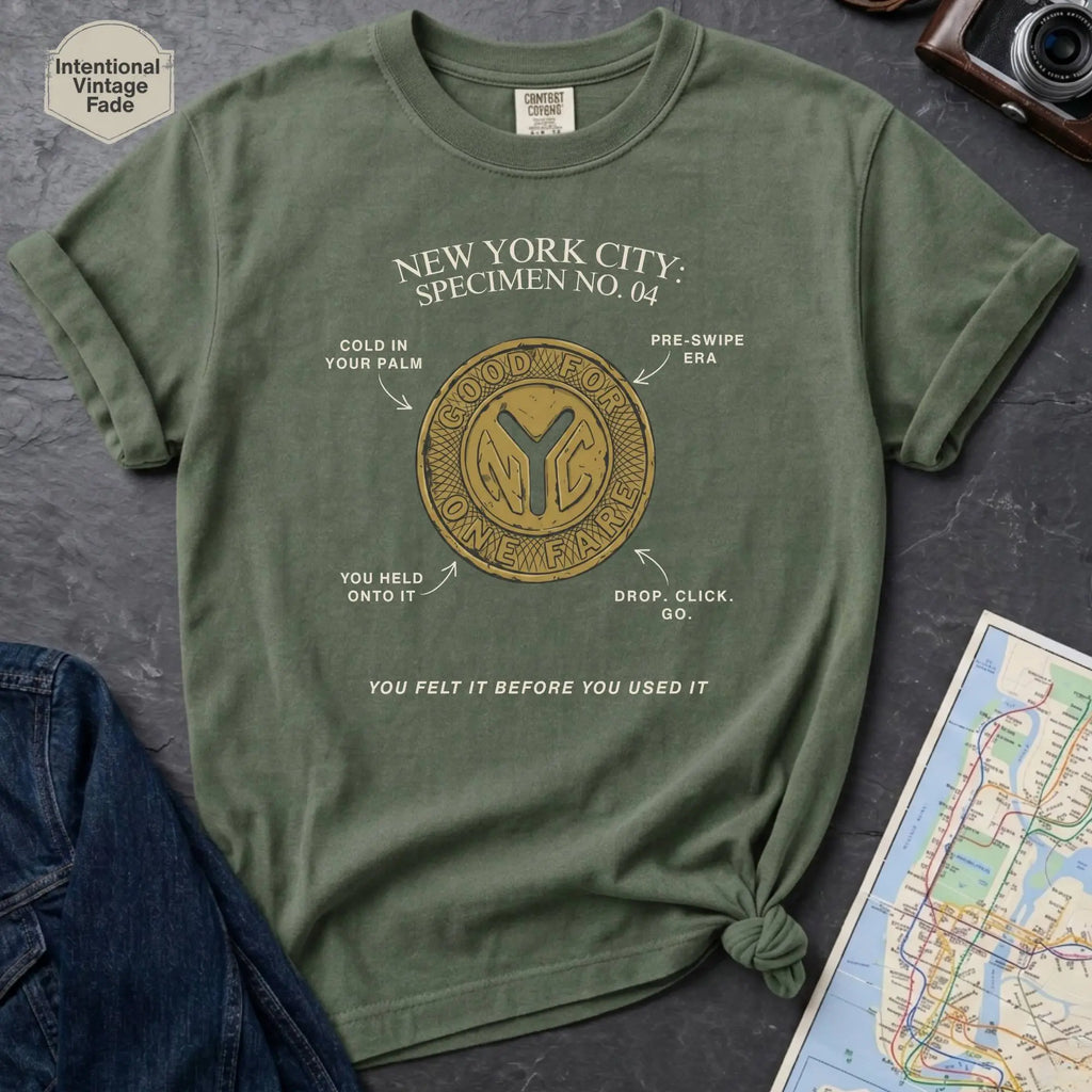 Moss green t-shirt with New York City token design on a gray surface with a map and camera.