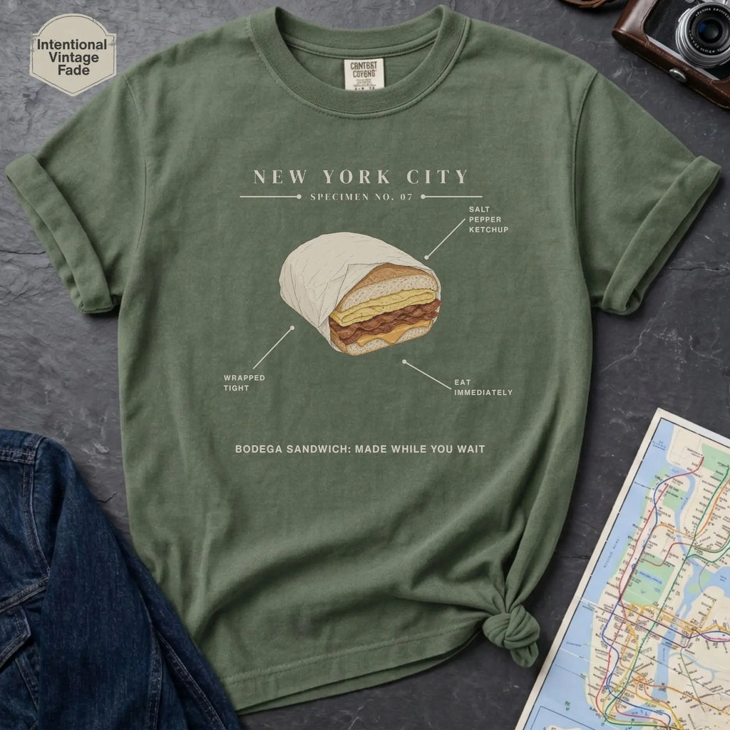 Green t-shirt with a graphic of a bodega sandwich and text on a dark surface with a map and jeans.
