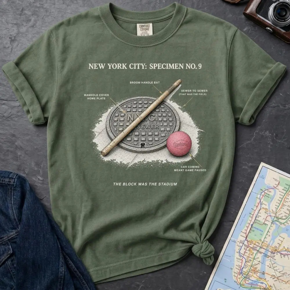 Moss colored Comfort Colors t-shirt with a stickball graphic and text on a dark surface with denim jacket and map.