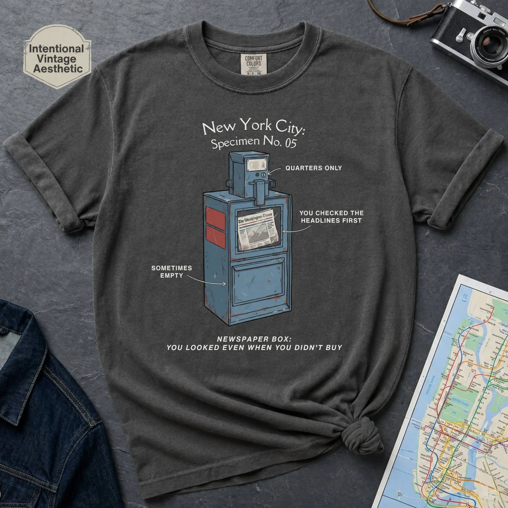 Pepper colored t-shirt with a newspaper box graphic and text on a textured surface with a camera and map.