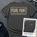Pepper-colored Comfort Colors T-shirt with off-white Pearl Paint NYC back print and small front chest print, shown as a double-sided New York nostalgia tee