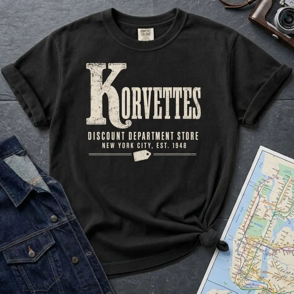 Black Comfort Colors t-shirt with Korvettes in large distressed vintage lettering, Discount Department Store and New York City, Est. 1948 below, with a price tag illustration, displayed flat with a denim jacket and subway map.