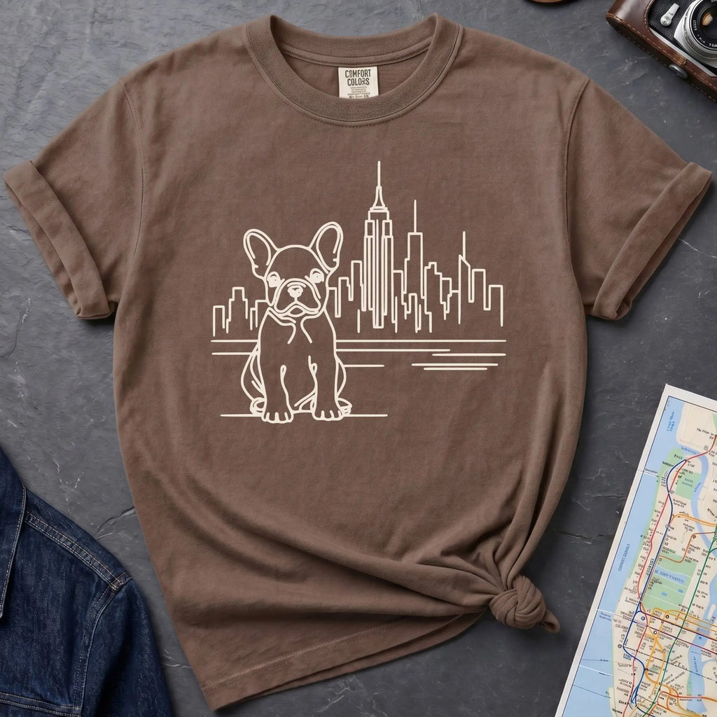 Brown t-shirt with a French Bulldog and cityscape design on a gray surface with a denim jacket and a map.