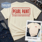 Ivory Comfort Colors T-shirt with red Pearl Paint NYC back print and small front chest print, shown as a double-sided New York nostalgia tee