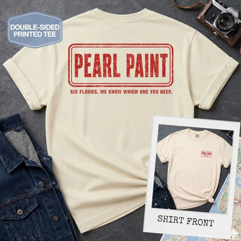 Ivory Comfort Colors T-shirt with red Pearl Paint NYC back print and small front chest print, shown as a double-sided New York nostalgia tee