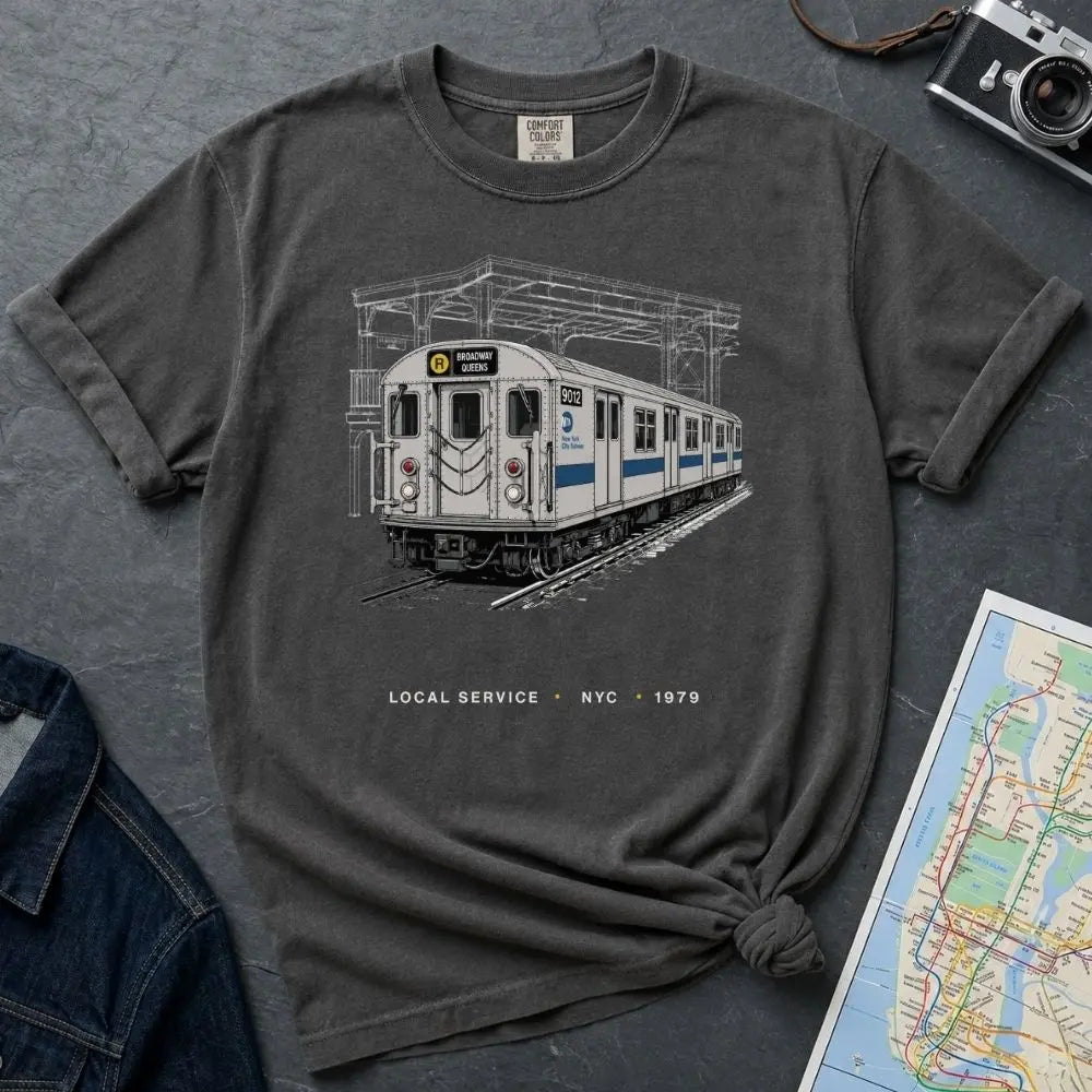 Pepper-colored Comfort Colors T-shirt with NYC R train local service front print, styled with denim jacket, camera, and subway map