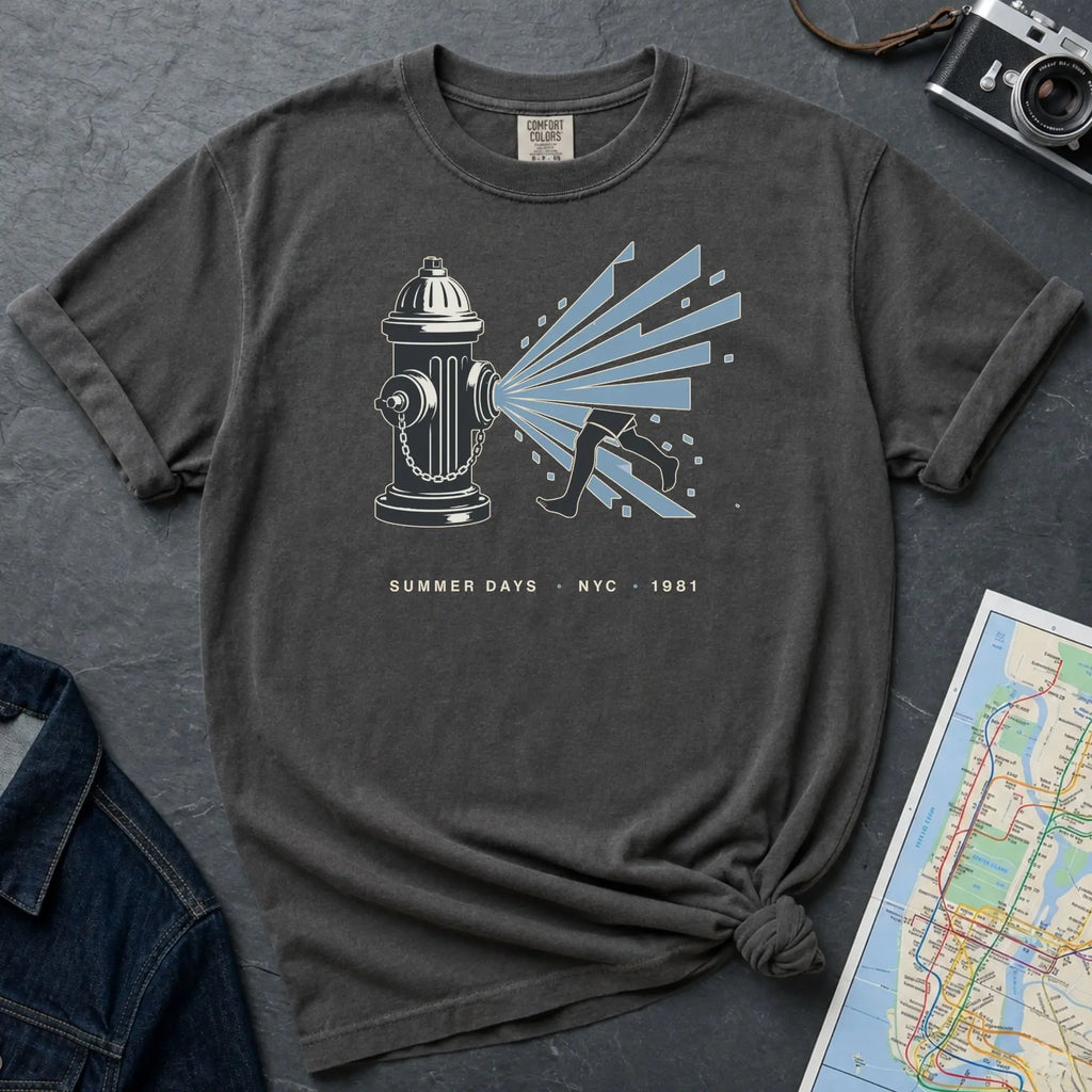 Pepper colored Comfort Colors t-shirt featuring a vintage NYC fire hydrant spraying water with “Summer Days • NYC • 1981” text, placed on a dark surface with a denim jacket and a map.