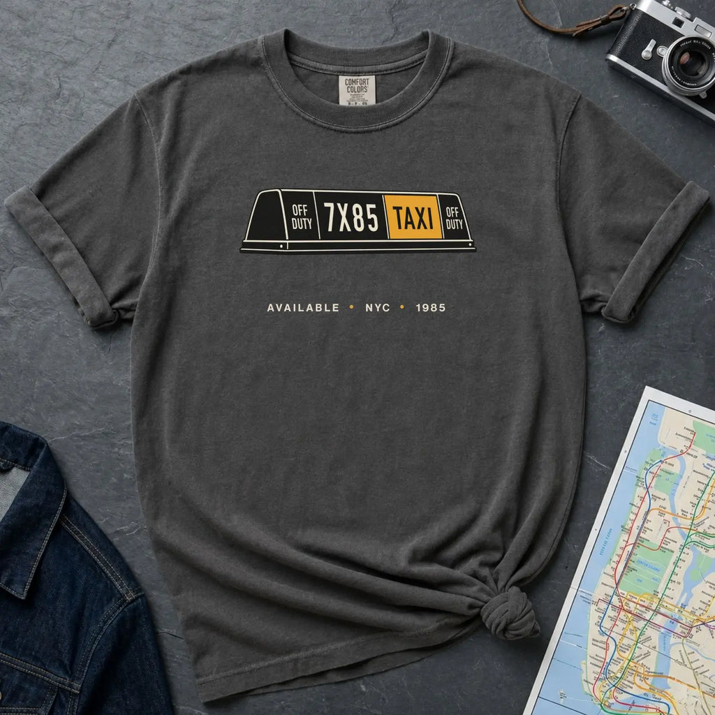 Pepper colored Comfort Colors t-shirt with NYC taxi-themed graphic on a gray surface with a denim jacket and a map.