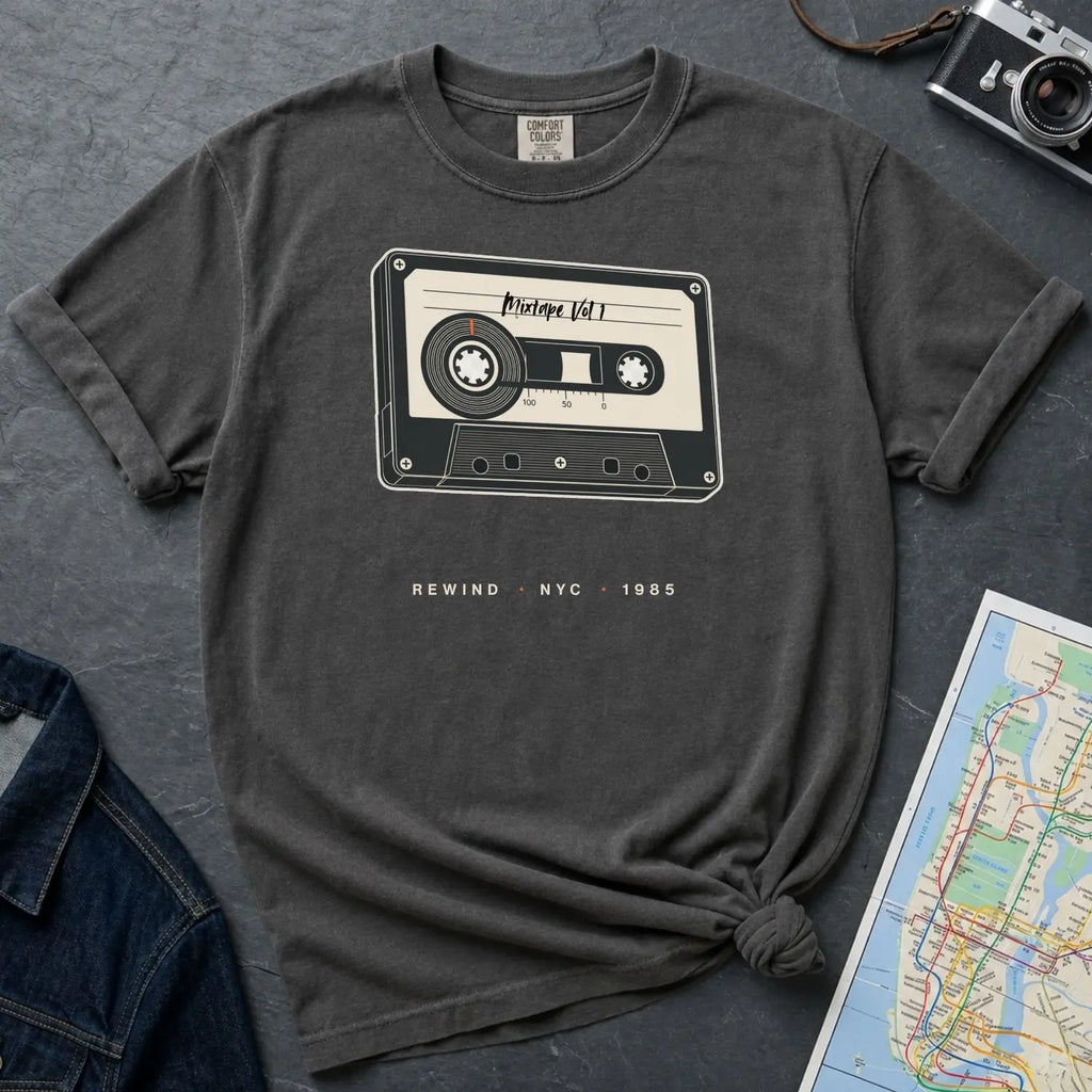 Pepper colored Comfort Colors t-shirt with a cassette tape graphic on a gray surface with denim jacket and map.
