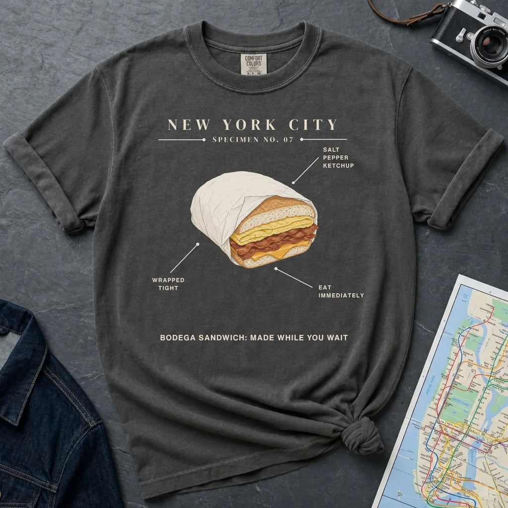 Pepper colored Comfort Colors  t-shirt with a graphic of a bodega sandwich and text on a dark surface with a map and jacket.