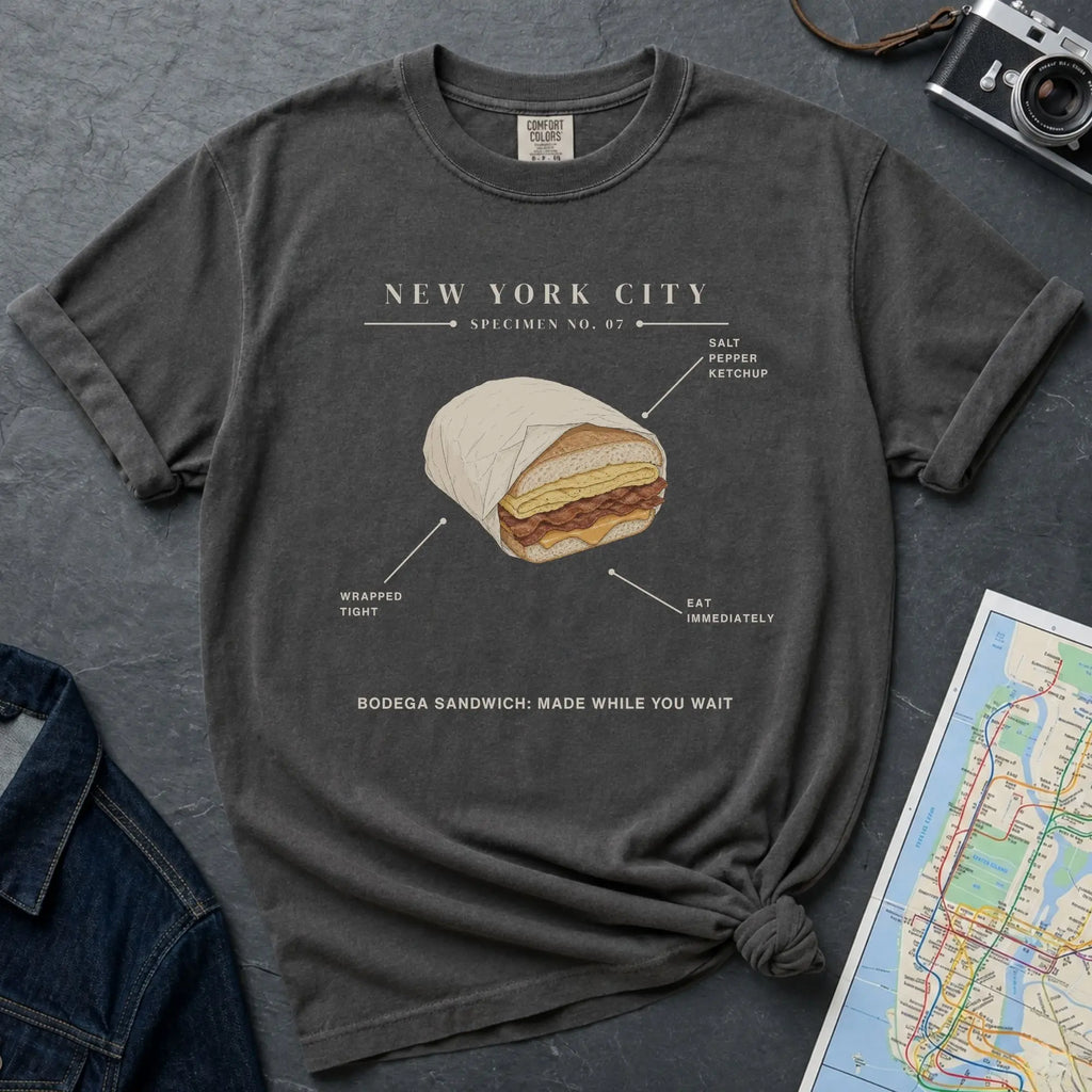 Pepper colored t-shirt with a graphic of a bodega sandwich and text on a dark surface with a map and camera.