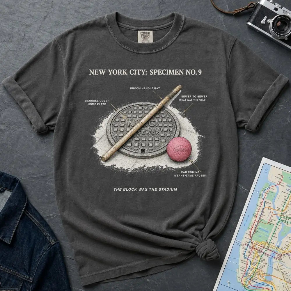 Pepper colored Comfort Colors t-shirt with a stickball graphic and text on a dark surface with denim jacket and map.