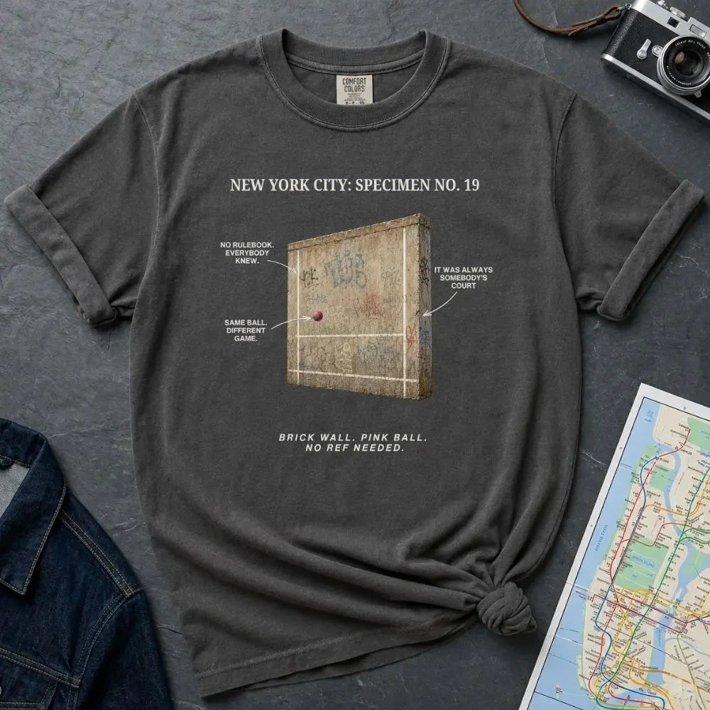 Pepper-colored Comfort Colors t-shirt featuring a vintage scientific specimen illustration of a graffiti covered NYC handball court wall with a pink Spaldeen ball and callout arrows labeled No Rulebook Everybody Knew, Same Ball Different Game, It Was Always Somebody's Court, with tagline: Brick Wall, Pink Ball, No Ref Needed.