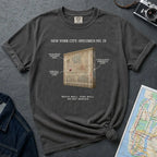 Pepper-colored Comfort Colors t-shirt featuring a vintage scientific specimen illustration of a graffiti covered NYC handball court wall with a pink Spaldeen ball and callout arrows labeled No Rulebook Everybody Knew, Same Ball Different Game, It Was Always Somebody's Court, with tagline: Brick Wall, Pink Ball, No Ref Needed.