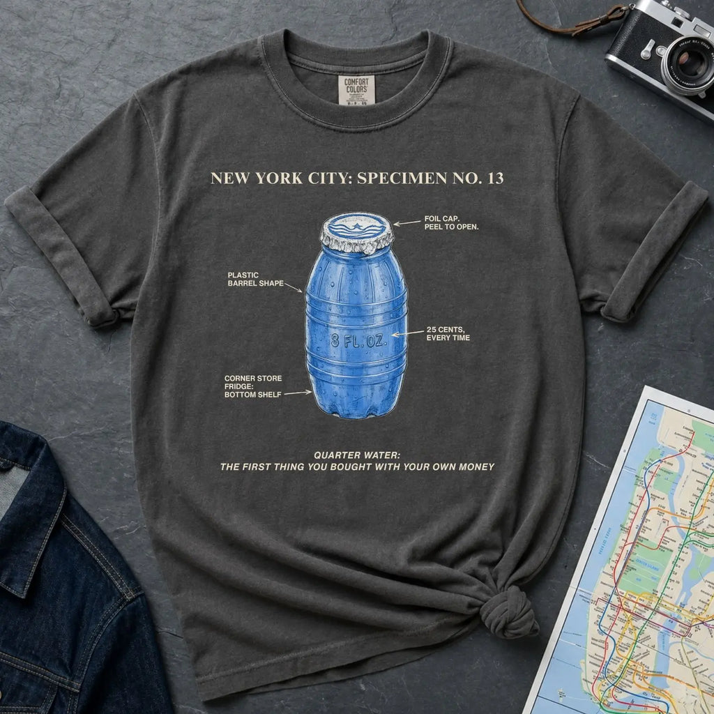 Pepper colored Comfort Colors t-shirt with blue Quarter Water graphic and text on a dark surface with denim jacket and map.