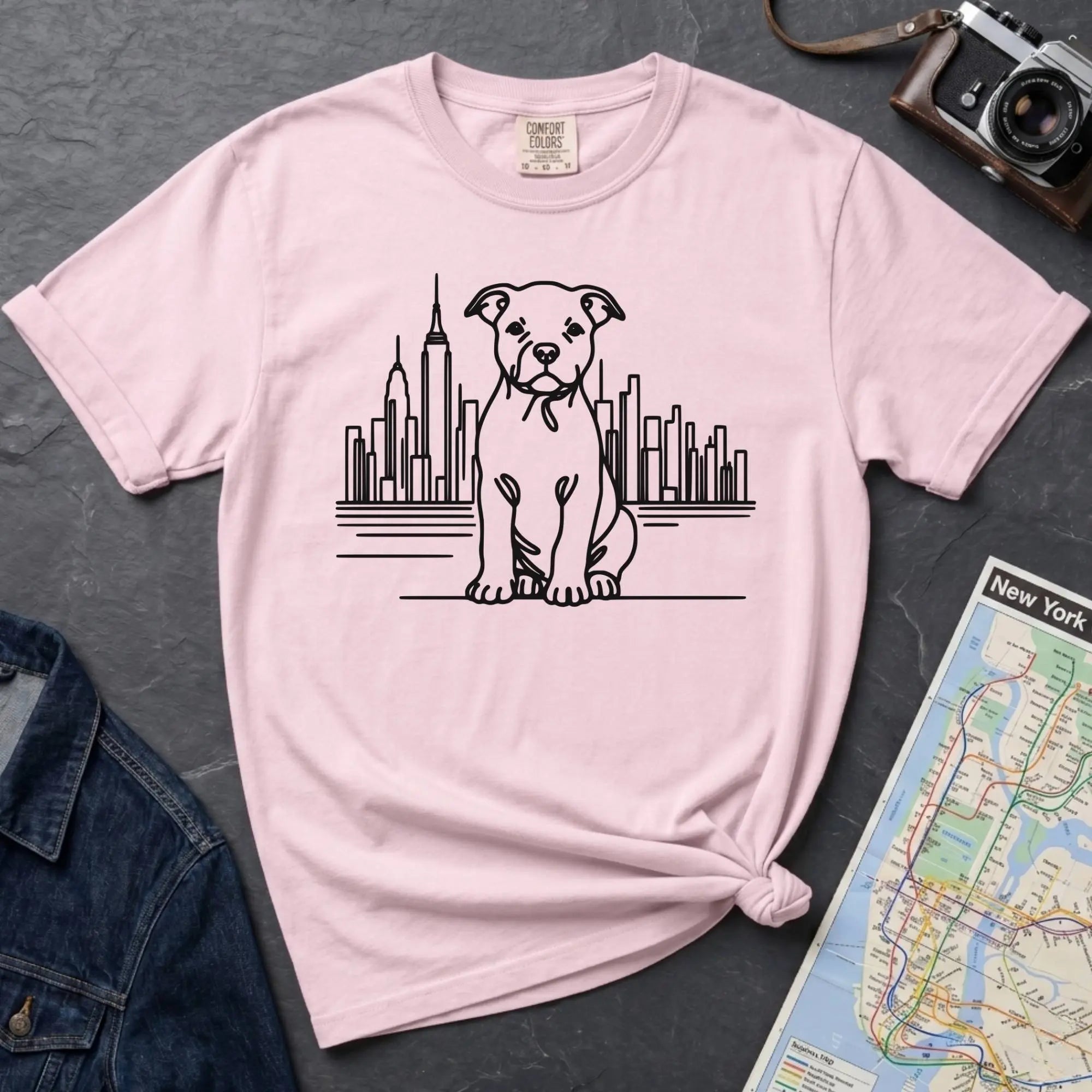 Pink t-shirt with a Pitbull dog and cityscape design on a dark surface with jeans and a map.