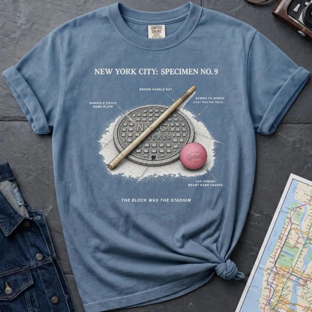 Light blue Comfort Colors t-shirt with a stickball graphic and text on a dark surface with denim jacket and map.