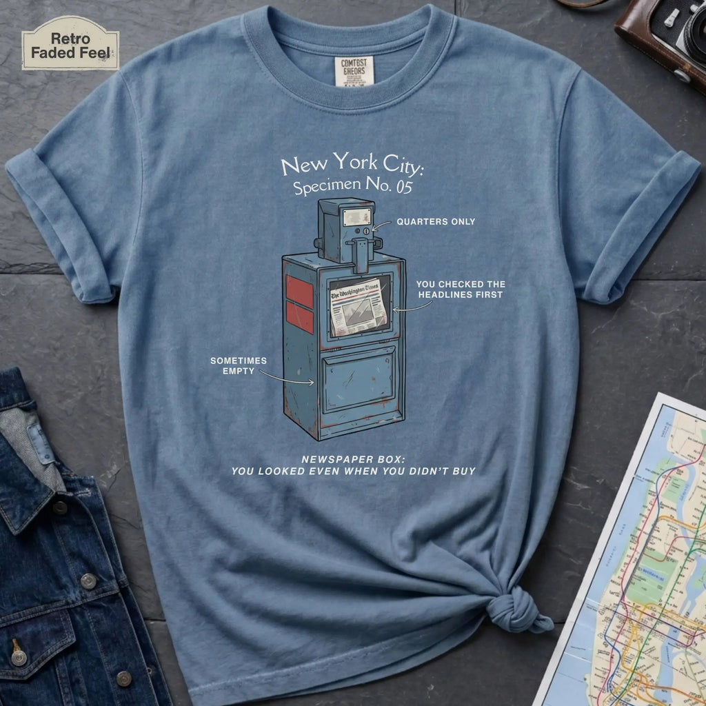 Blue t-shirt with a newspaper box graphic and text on a textured surface with a camera and map.