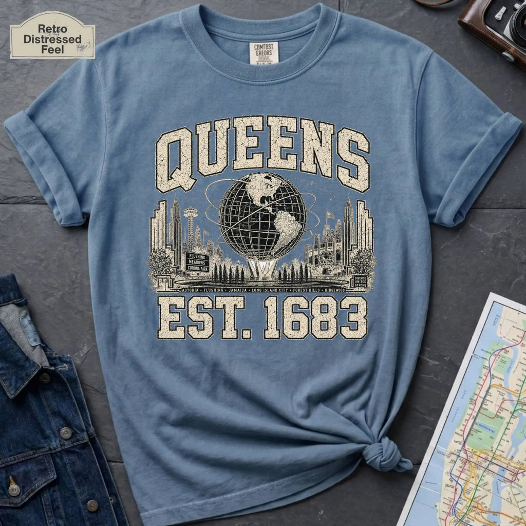Blue t-shirt with 'Queens Est. 1683' graphic design on a dark surface with a denim jacket and a map.