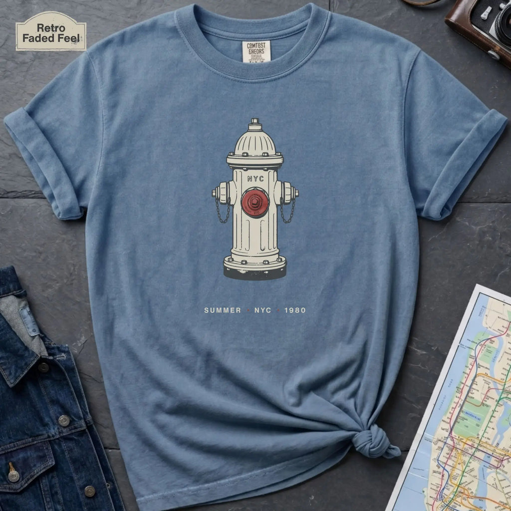 Blue t-shirt with a fire hydrant graphic on a dark surface with denim jacket and map.