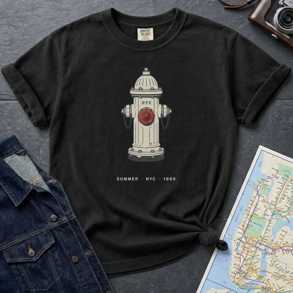 Black t-shirt with a fire hydrant design on a dark surface with a denim jacket and map.