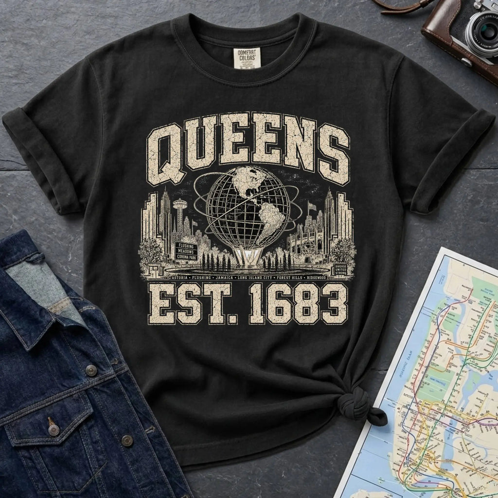 Black t-shirt with 'Queens Est. 1683' design on a gray surface with a map and denim jacket.
