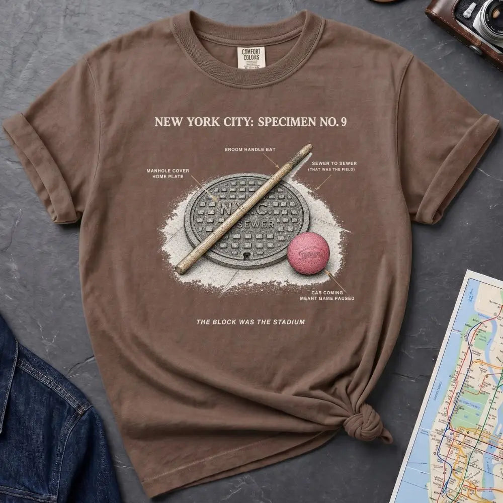 Espresso colored Comfort Colors t-shirt with a stickball graphic and text on a dark surface with denim jacket and map.