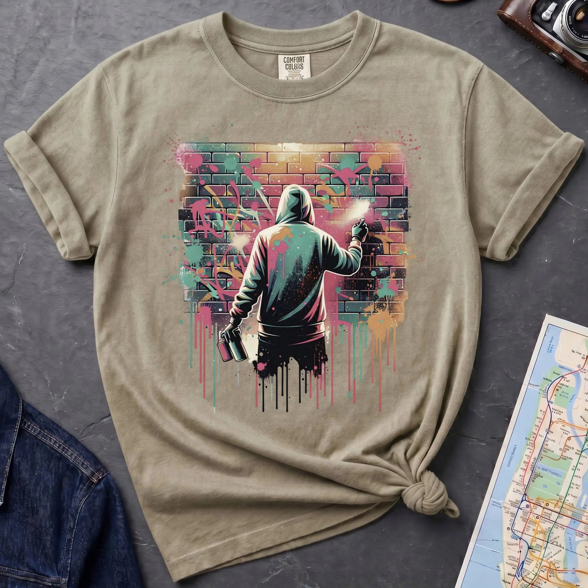 Khaki colored t-shirt with a graphic of a person spray painting a mural on a brick wall, placed on a dark surface with a denim jacket and map in the background.