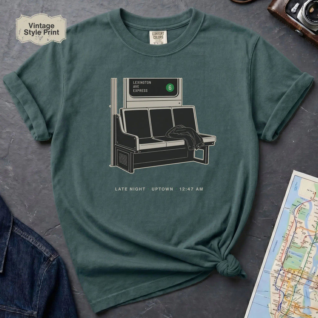 Blue Spruce colored t-shirt with a graphic design of a train and text on a dark surface.
