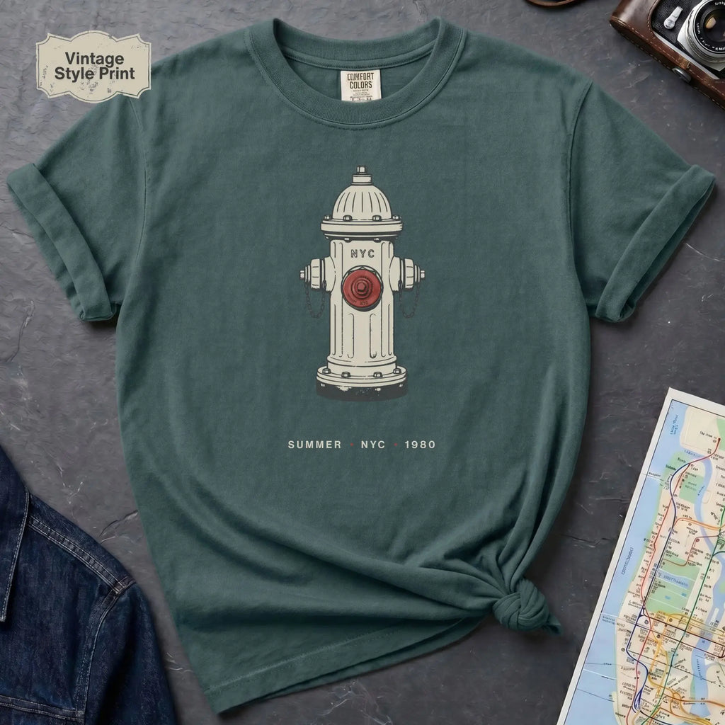 Blue Spruce t-shirt with a fire hydrant graphic on a dark surface with a map and jeans.