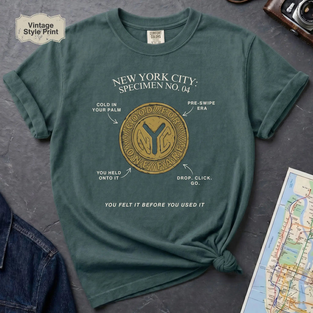 Blue spruce t-shirt with New York City token design on a gray surface with a map and camera.