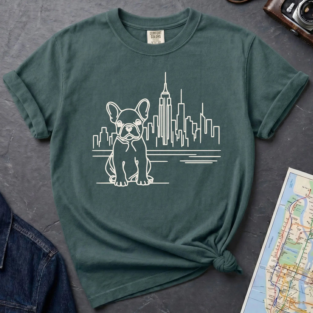 Blue spruce t-shirt with a French Bulldog and cityscape design on a gray surface with a denim jacket and a map.