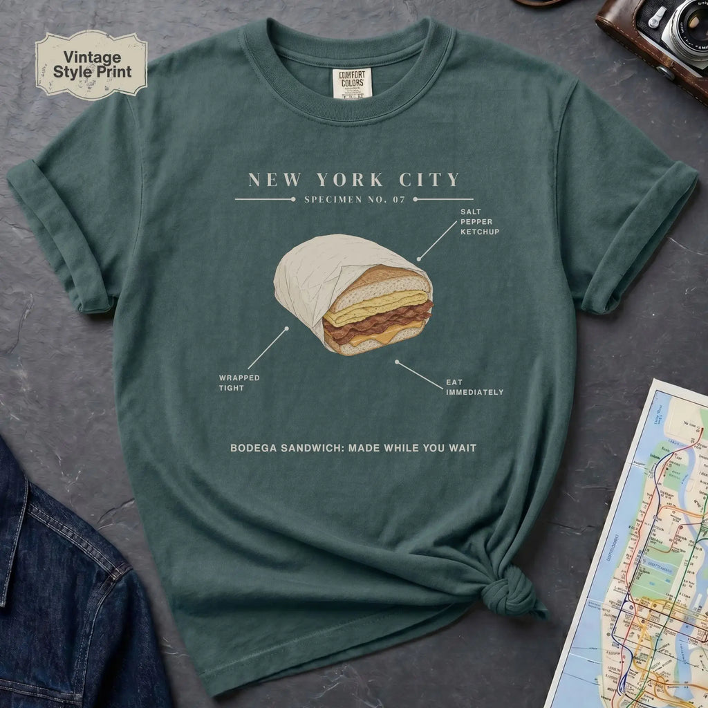 Blue Spruce t-shirt with a bodega sandwich graphic and text on a dark surface.