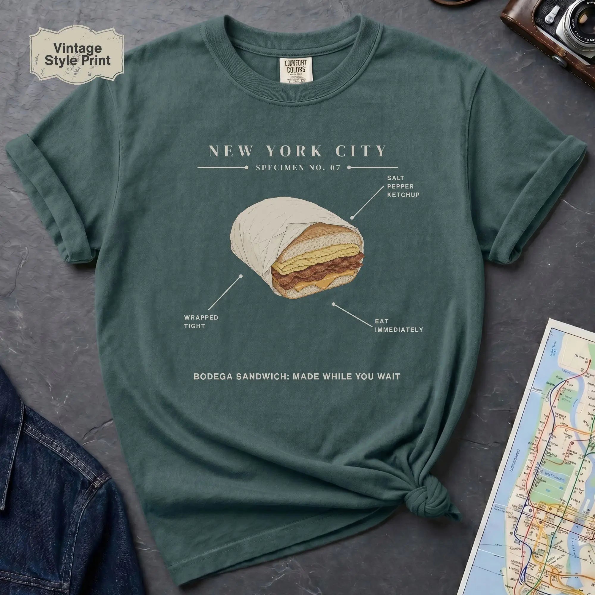 Blue Spruce t-shirt with a bodega sandwich graphic and text on a dark surface.