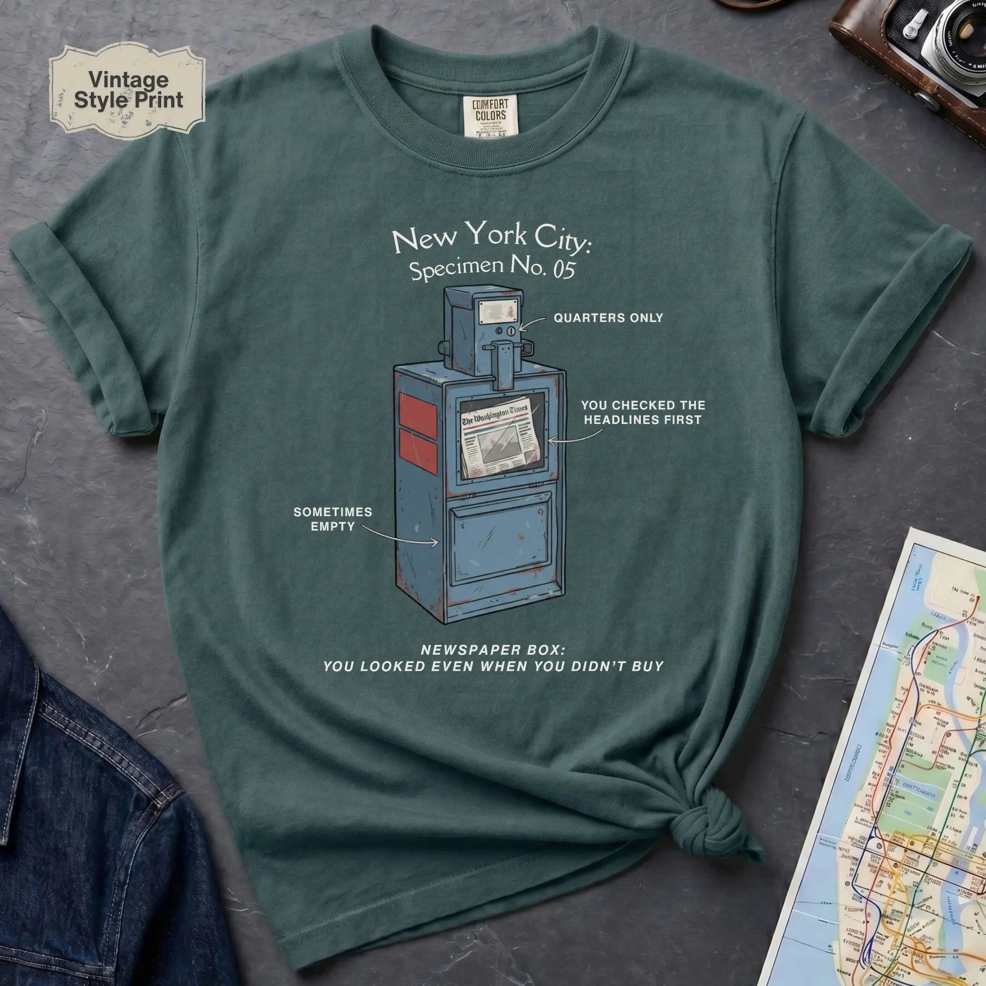 Blue spruce t-shirt with a newspaper box graphic and text on a textured surface with a camera and map.