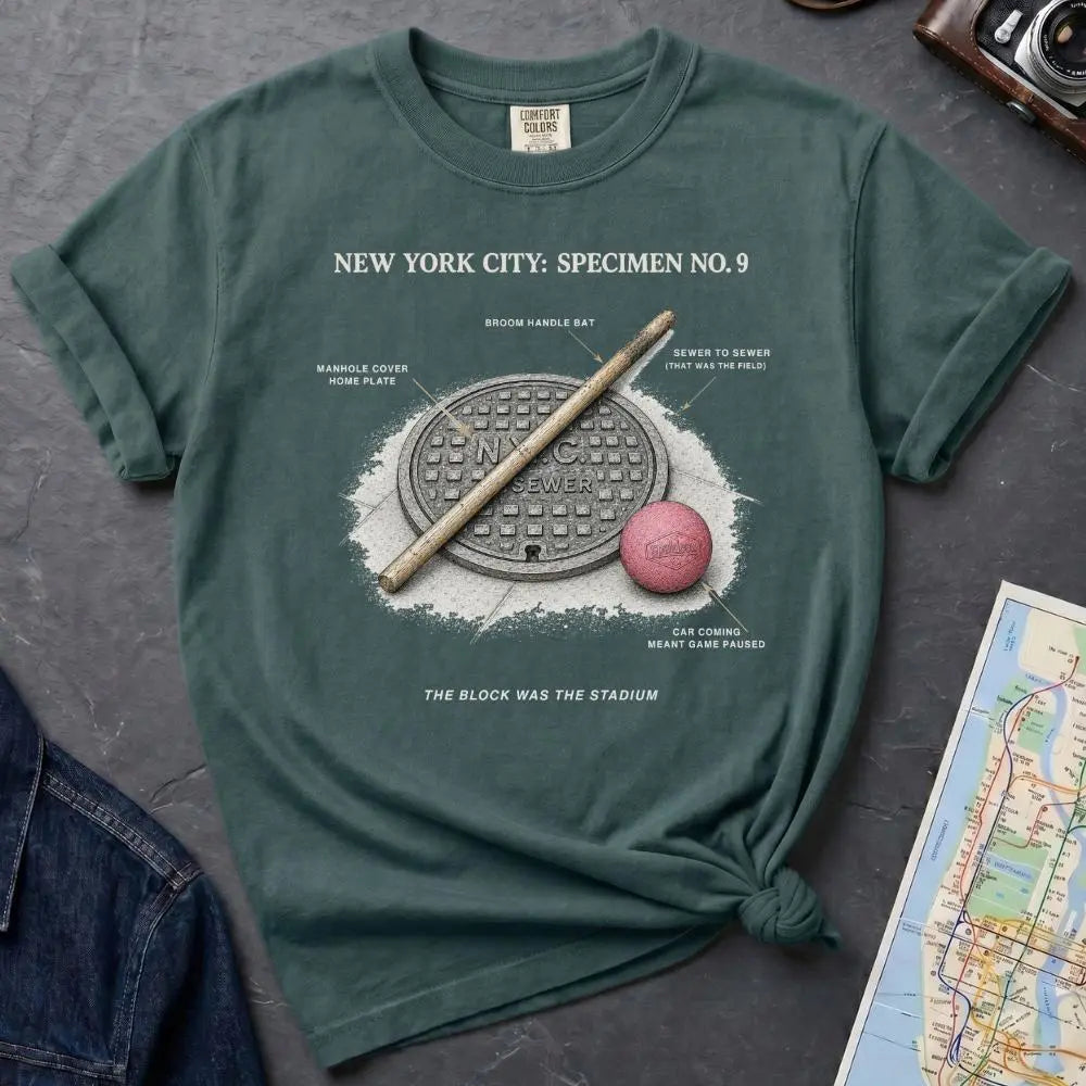 Blue Spruce Comfort Colors t-shirt with a stickball graphic and text on a dark surface with denim jacket and map.