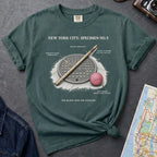 Blue Spruce Comfort Colors t-shirt with a stickball graphic and text on a dark surface with denim jacket and map.