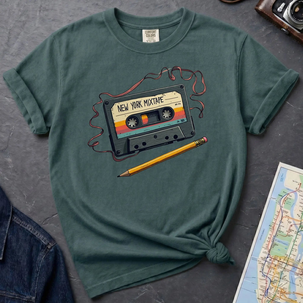 Blue Spruce t-shirt with a cassette tape graphic and pencil on a gray surface with denim jacket and map.