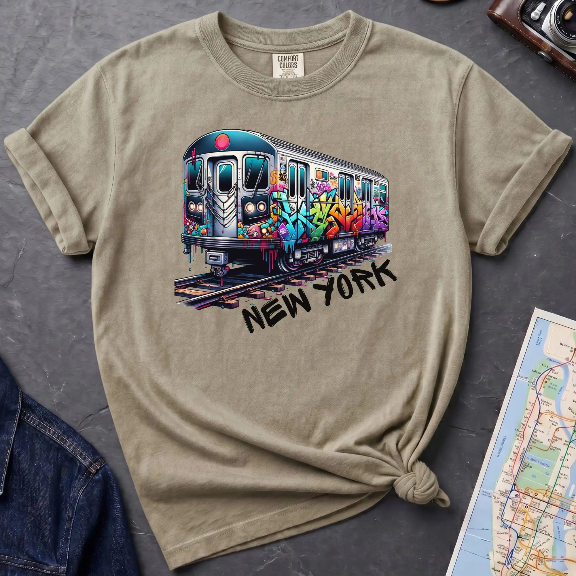 Khaki colored t-shirt with a colorful train graphic and 'New York' text on a gray surface with a map and denim jacket.