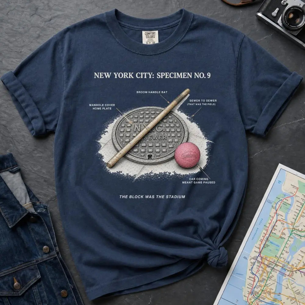 Navy Comfort Colors t-shirt with a stickball graphic and text on a dark surface with denim jacket and map.