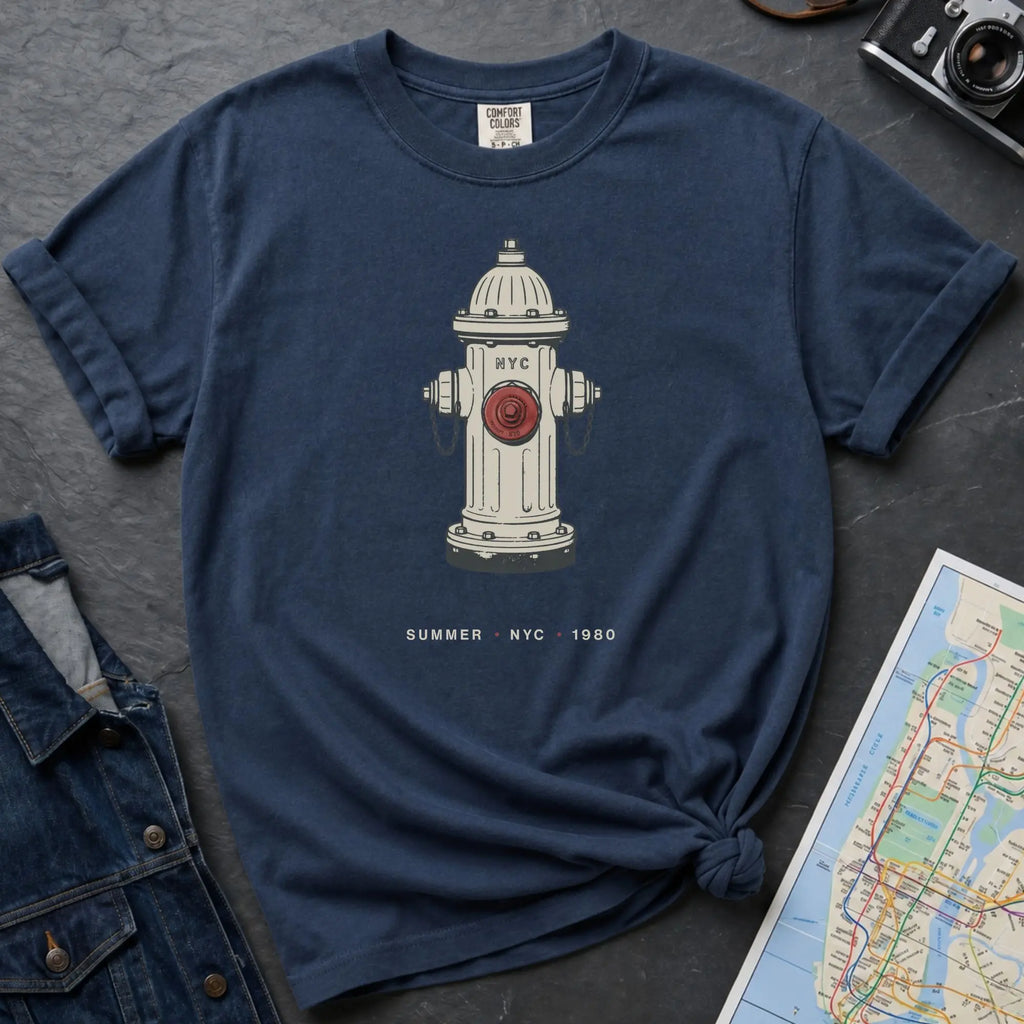 Navy t-shirt with a fire hydrant design on a dark surface with jeans and a map.