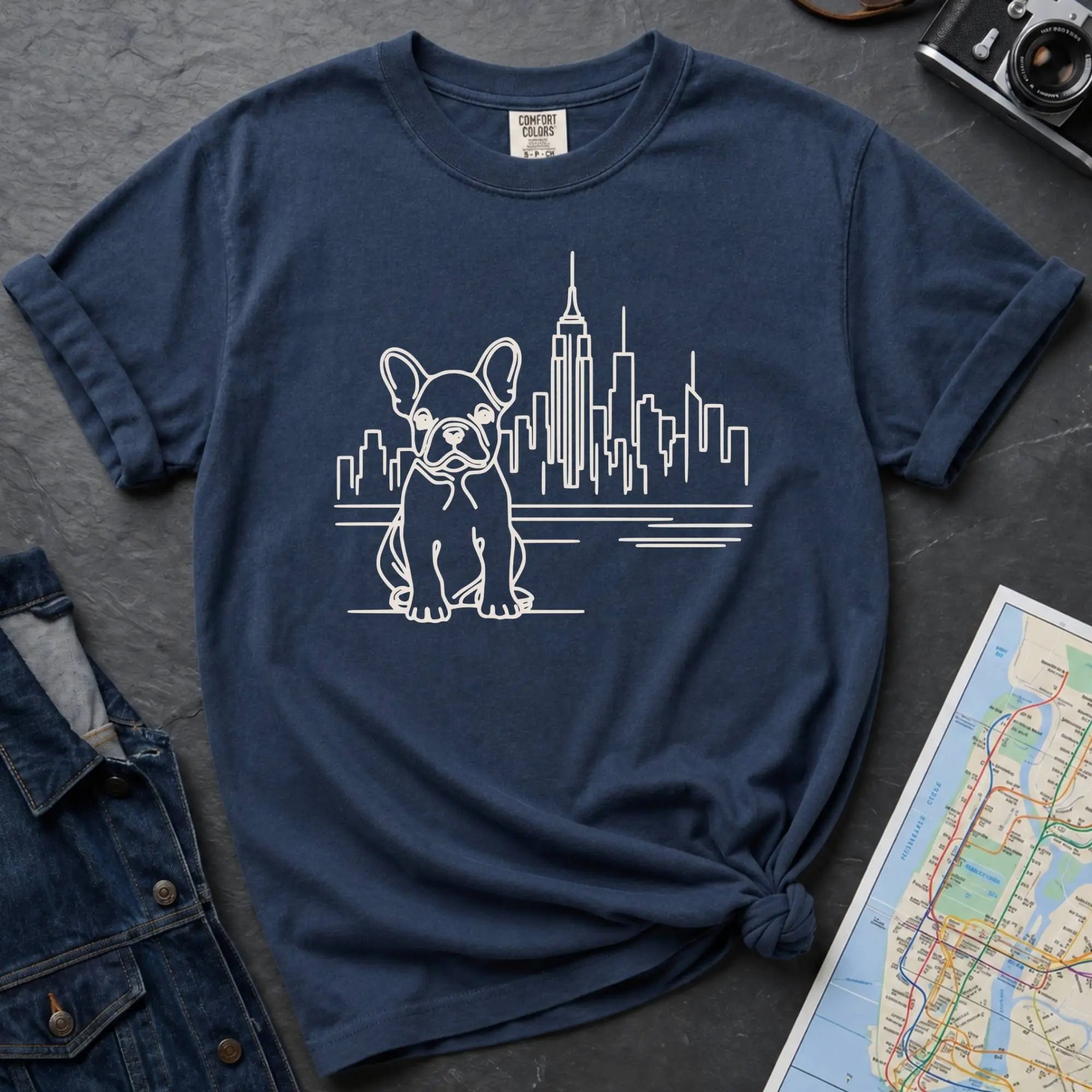 Navy t-shirt with a French Bulldog and cityscape design on a gray surface with a denim jacket and a map.