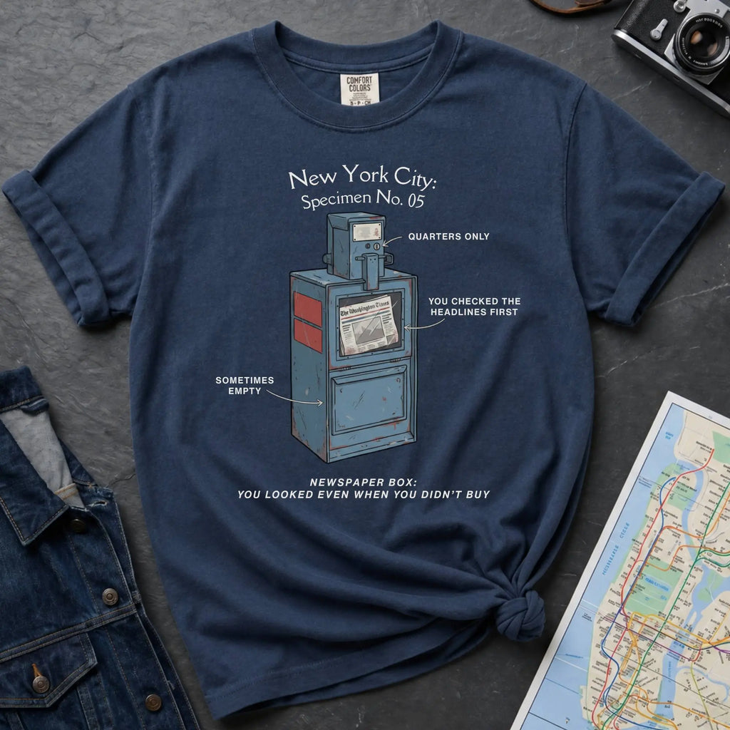 Navy t-shirt with a newspaper box graphic and text on a textured surface with a camera and map.